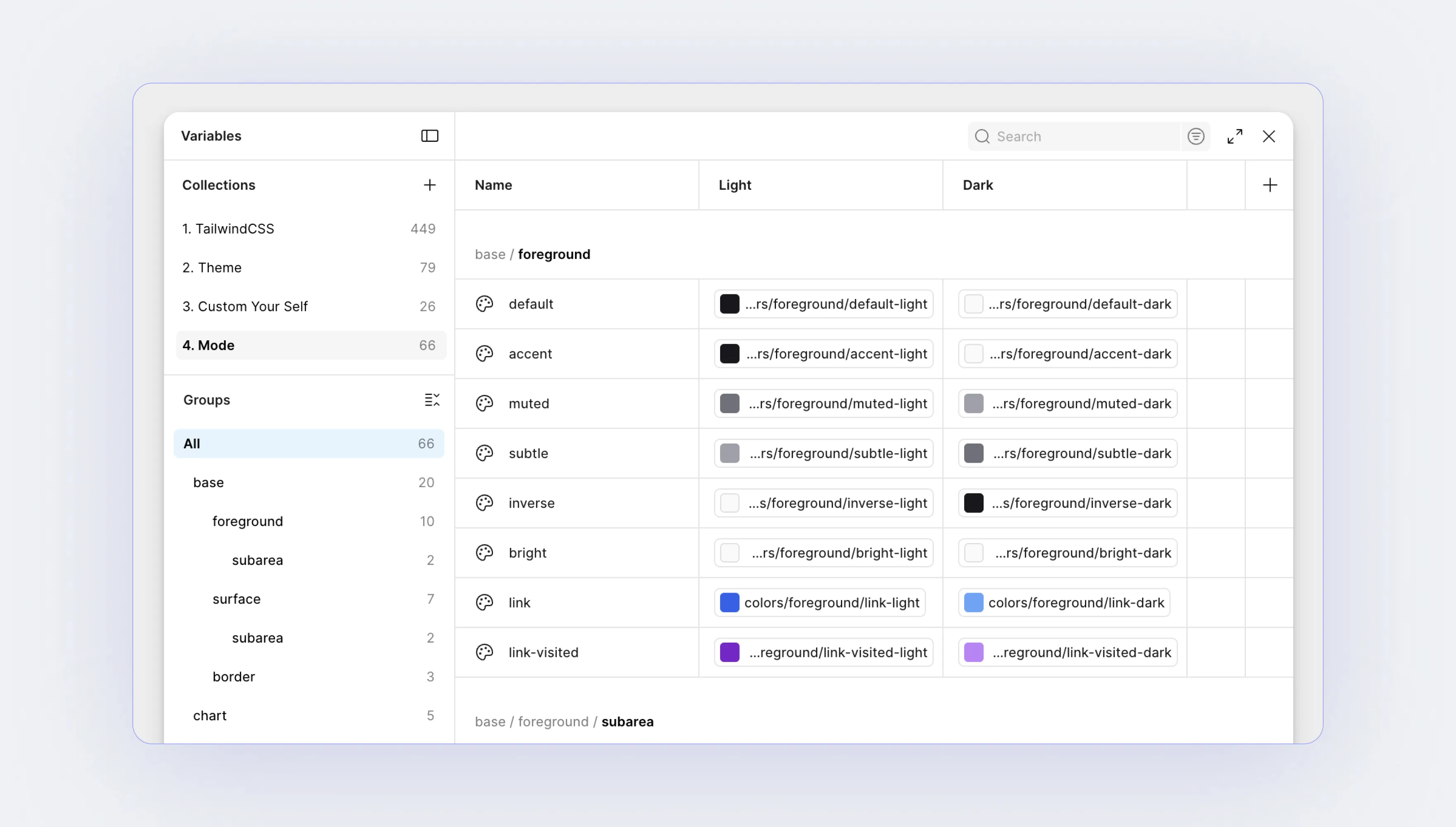 FigmaのVariables画面。カラートークンがLight・Darkモードごとに定義されている