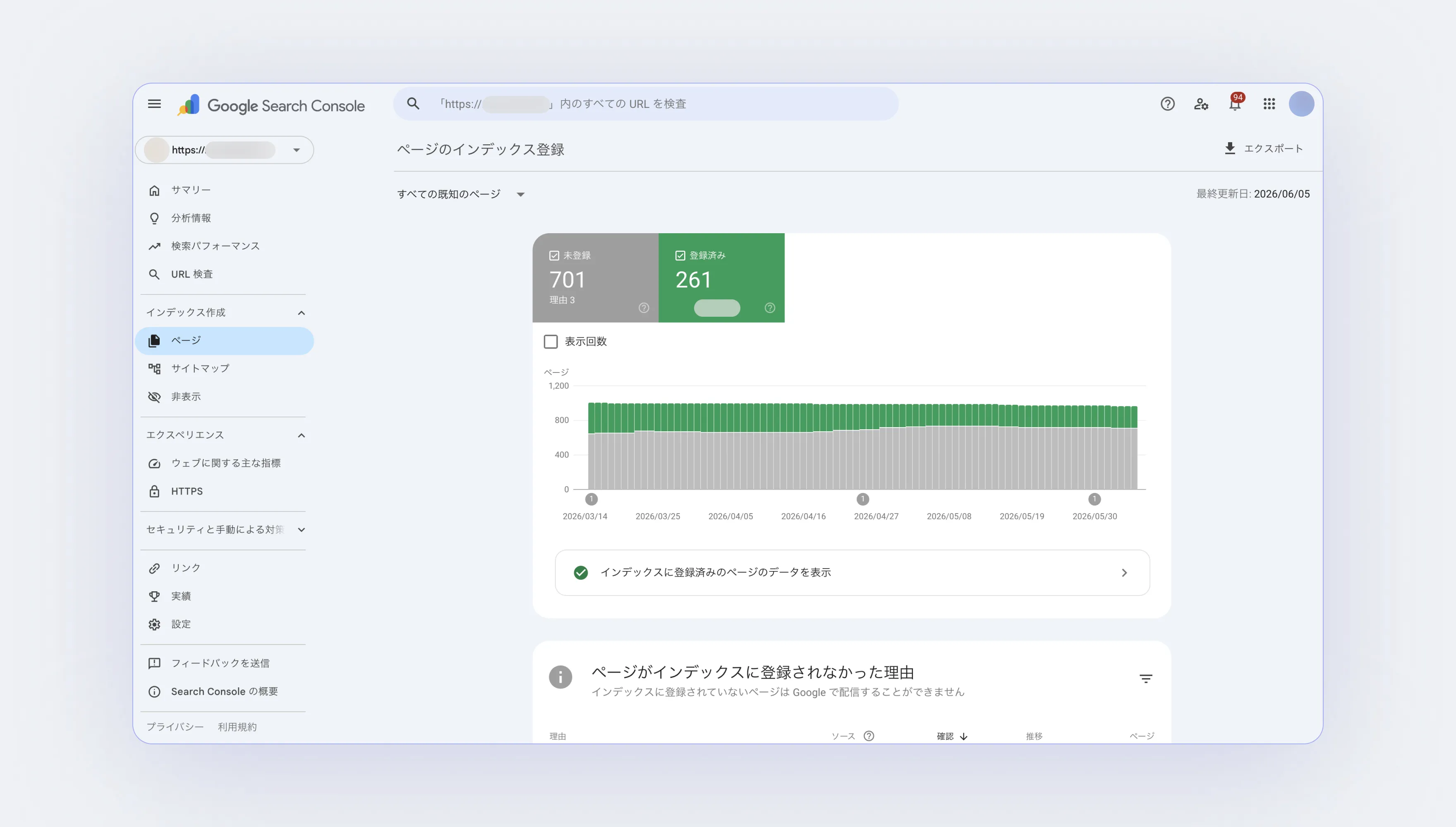 サーチコンソールのページのインデックス登録画面